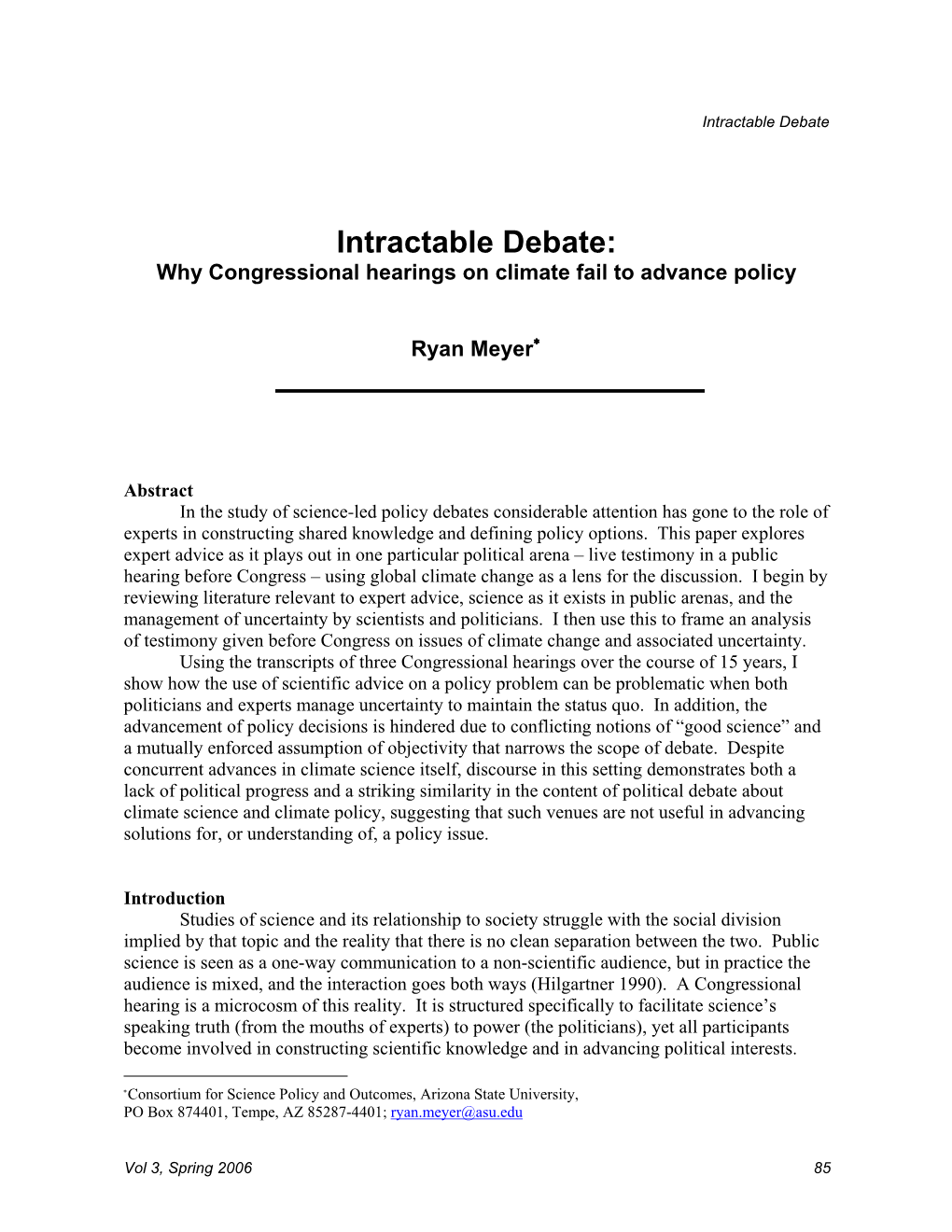 Intractable Debate: Why Congressional Hearings on Climate Fail to Advance Policy