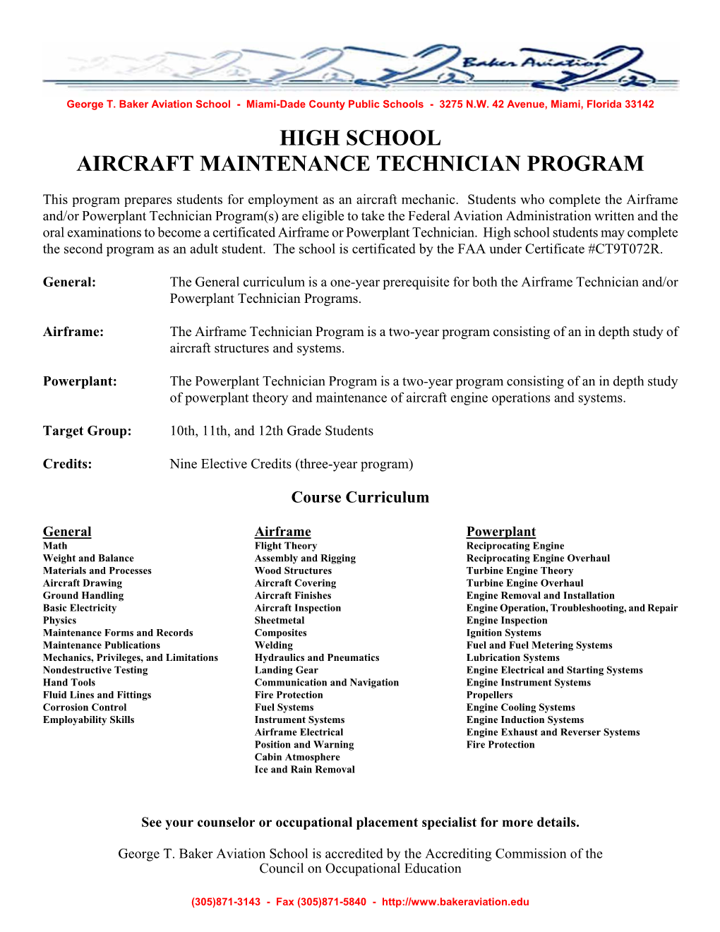 High School Aircraft Maintenance Technician Program