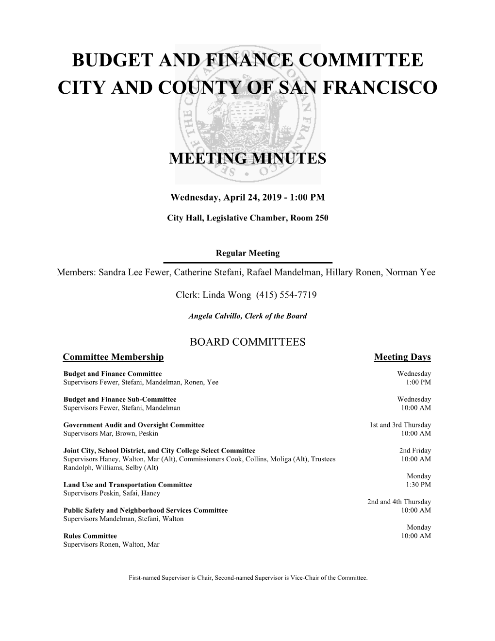 Budget and Finance Committee City and County of San Francisco