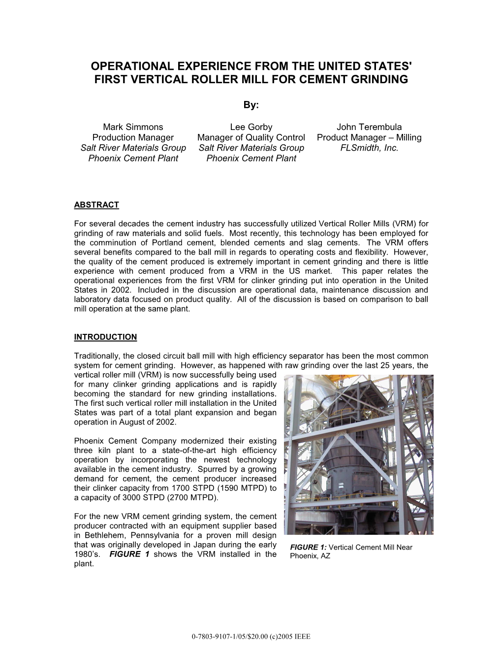 Operational Experience from the United States' First Vertical Roller Mill for Cement Grinding