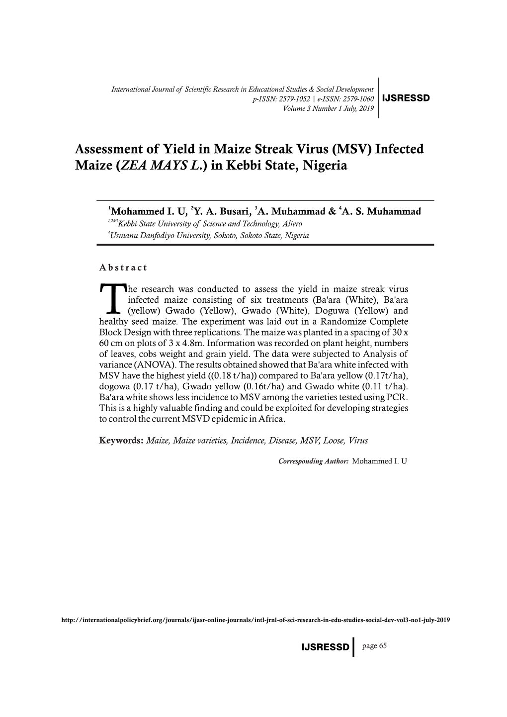 Assessment of Yield in Maize Streak Virus (MSV) Infected Maize (ZEA MAYS L.) in Kebbi State, Nigeria