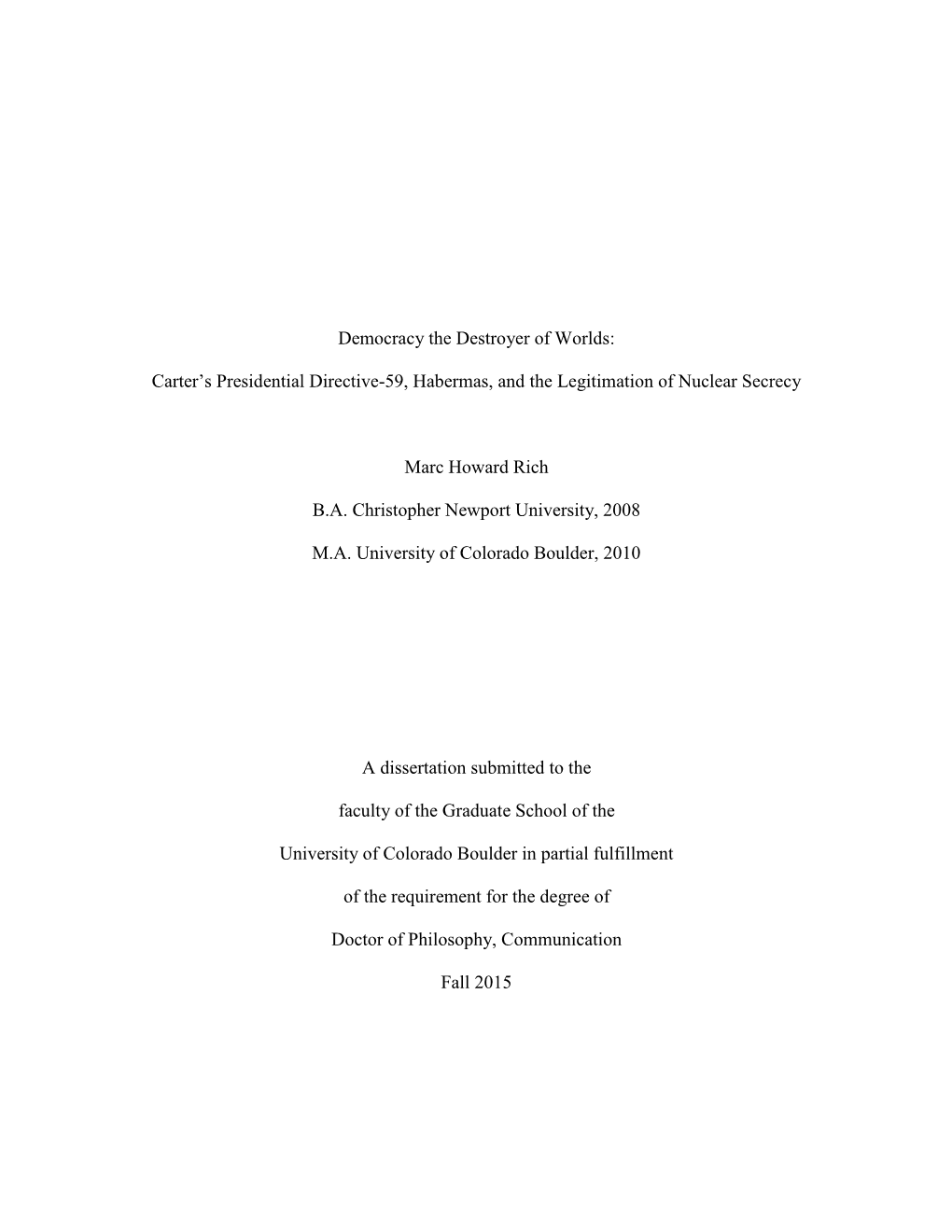 Carter's Presidential Directive-59, Habermas, and the Legitimation Of