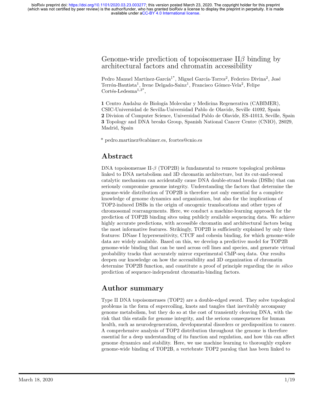 Genome-Wide Prediction of Topoisomerase Iiβ Binding by Architectural Factors and Chromatin Accessibility