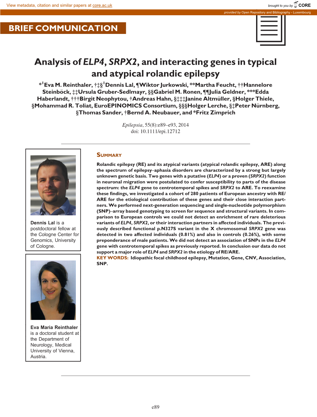 Analysis of ELP4, SRPX2, and Interacting Genes in Typical and Atypical Rolandic Epilepsy *1Eva M