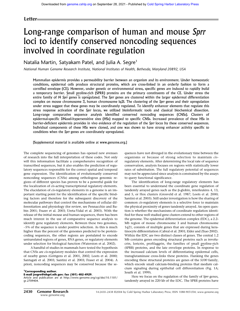 Long-Range Comparison of Human and Mouse Sprr Loci to Identify Conserved Noncoding Sequences Involved in Coordinate Regulation