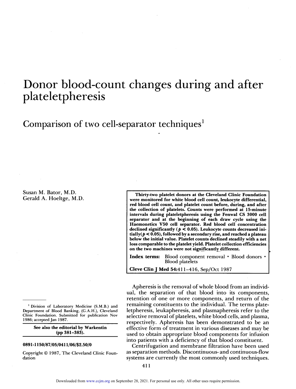 Donor Blood-Count Changes During and After Plateletpheresis