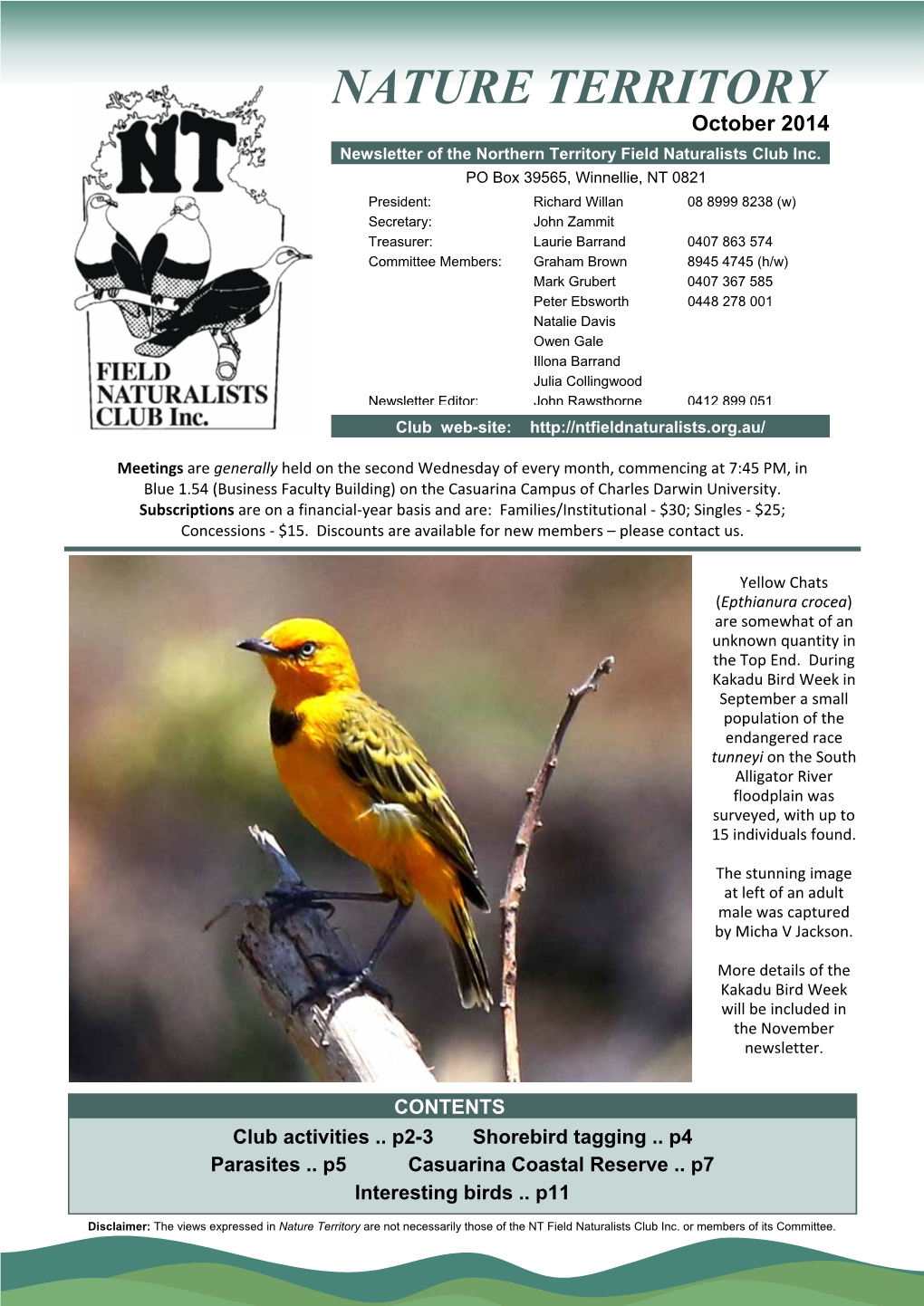 October 2014 Newsletter of the Northern Territory Field Naturalists Club Inc