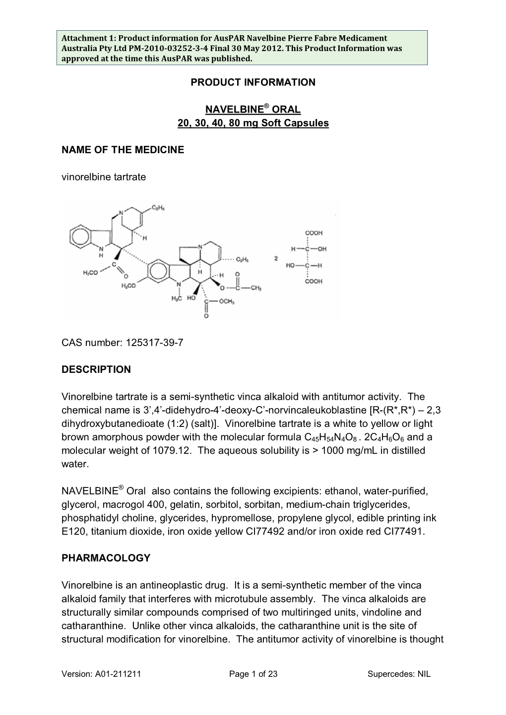 Attachment 1. Product Information for Vinorelbine