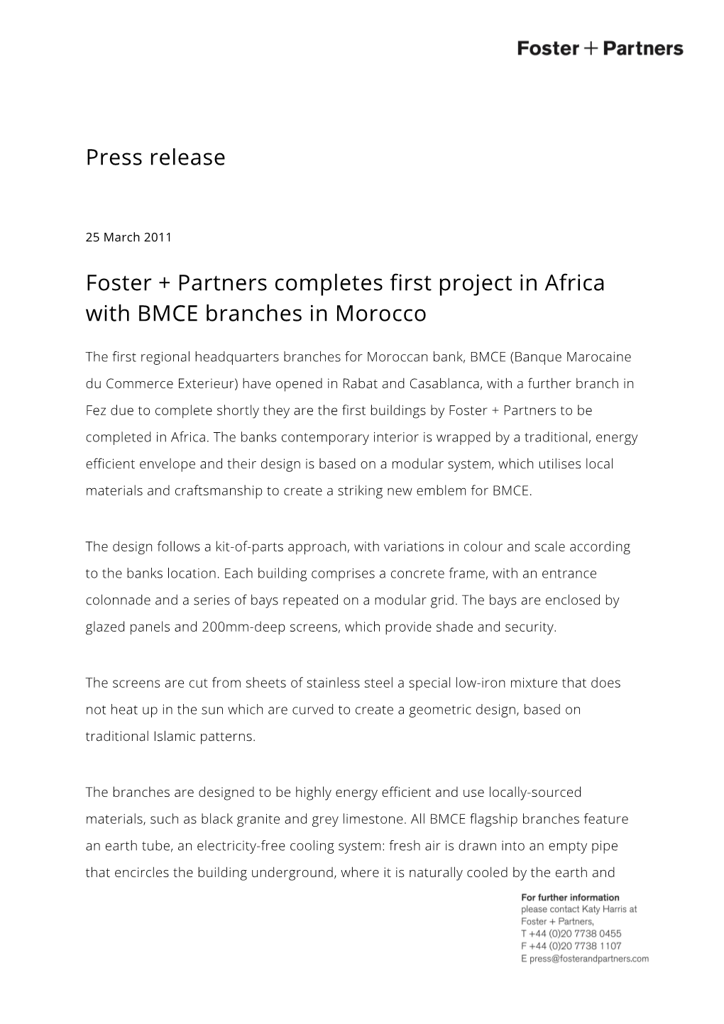 Press Release Foster + Partners Completes First Project in Africa with BMCE Branches in Morocco