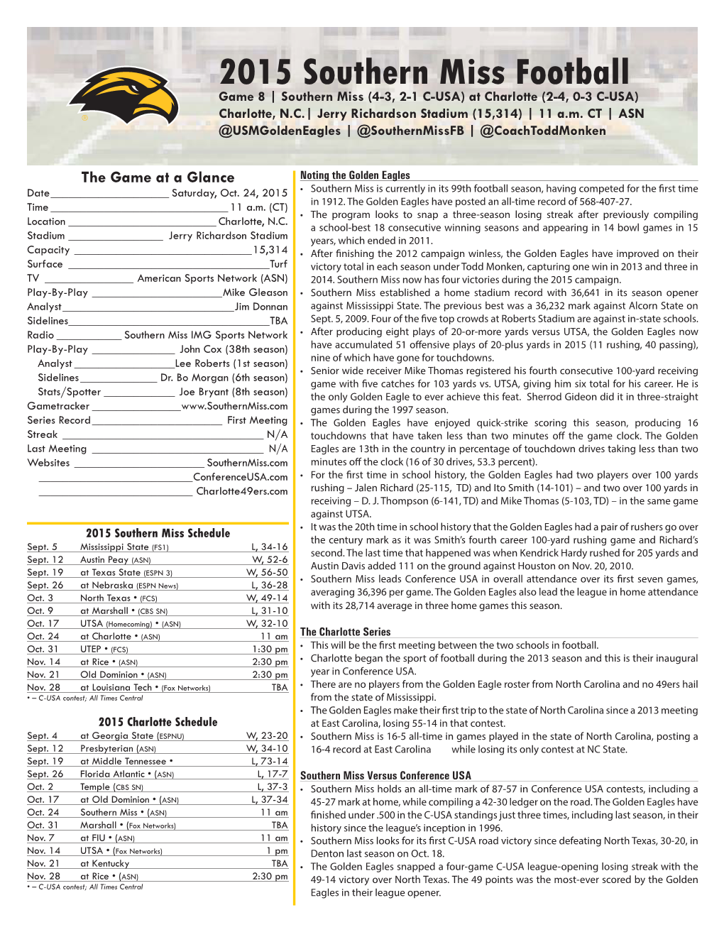 2015 Southern Miss Football Game 8 | Southern Miss (4-3, 2-1 C-USA) at Charlotte (2-4, 0-3 C-USA) Charlotte, N.C.| Jerry Richardson Stadium (15,314) | 11 A.M