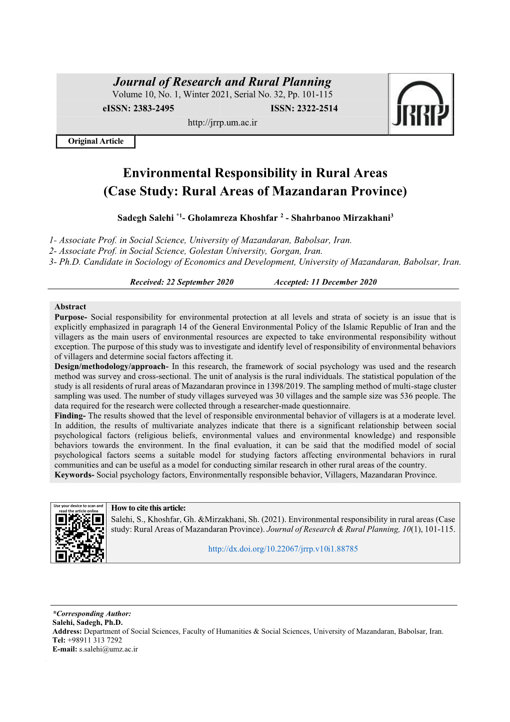 Environmental Responsibility in Rural Areas (Case Study: Rural Areas of Mazandaran Province)