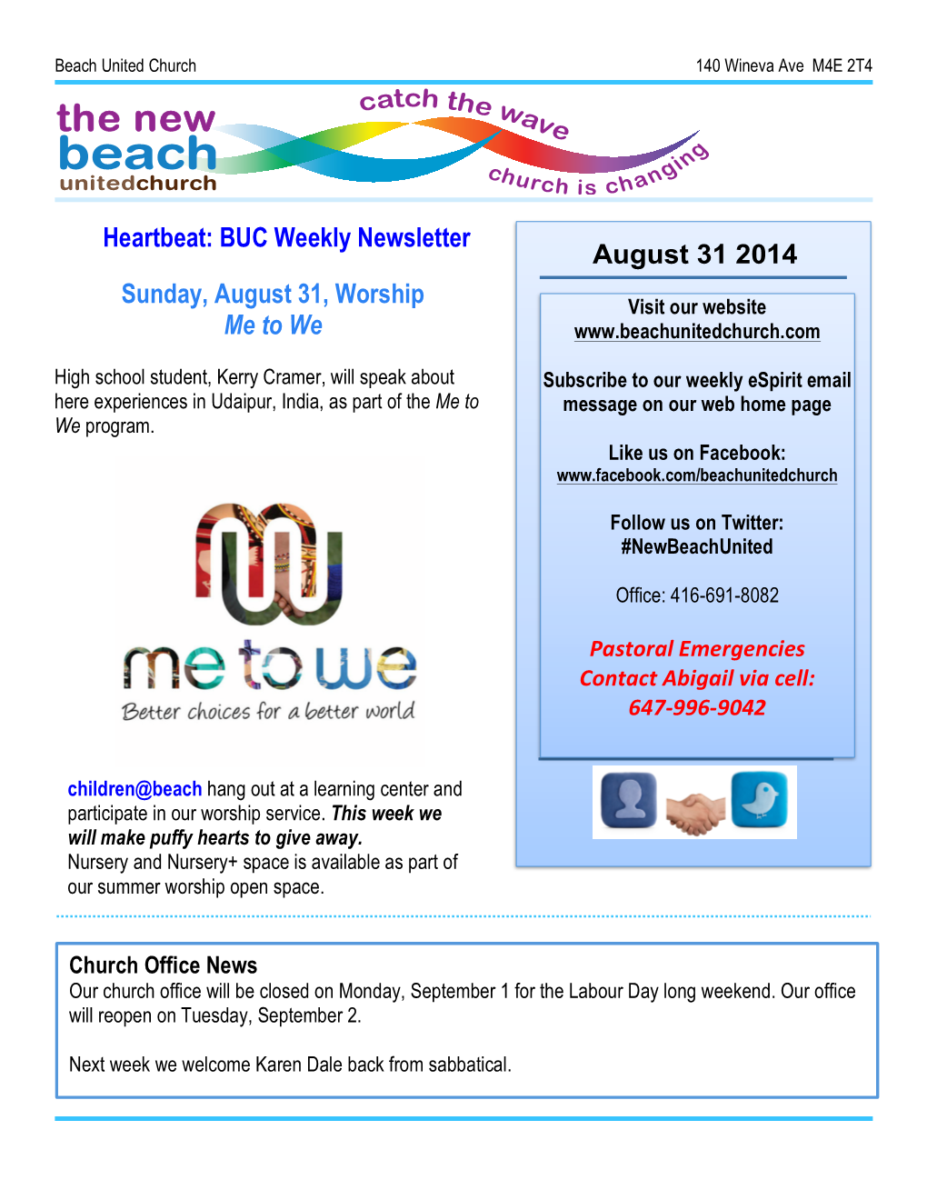 Heartbeat: BUC Weekly Newsletter Sunday, August 31, Worship Me to We