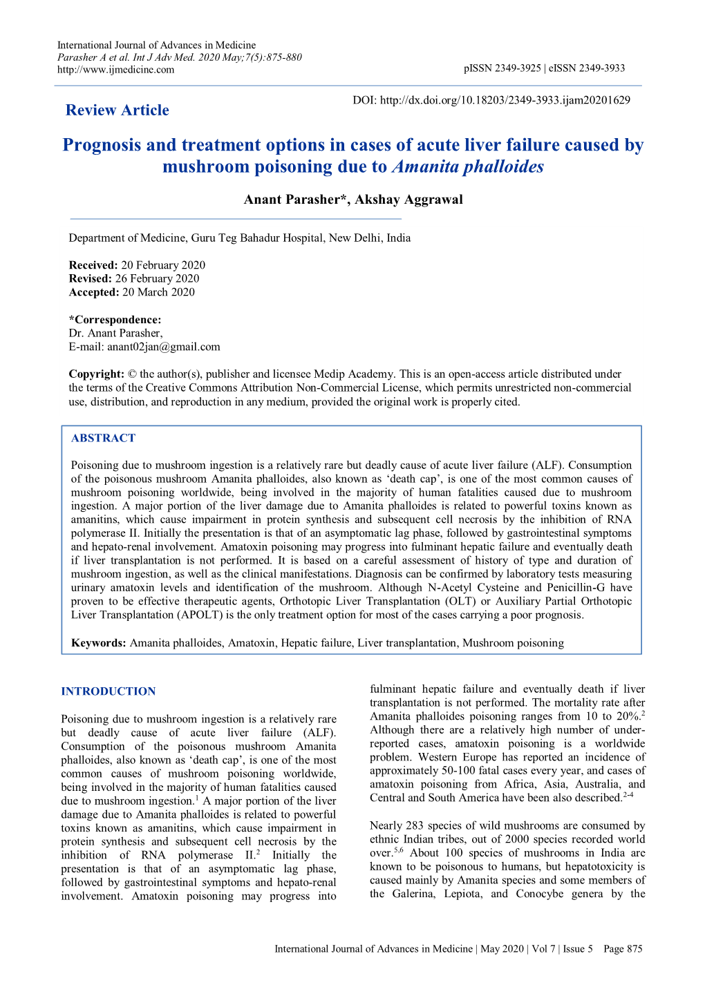 Prognosis and Treatment Options in Cases of Acute Liver Failure Caused by Mushroom Poisoning Due to Amanita Phalloides