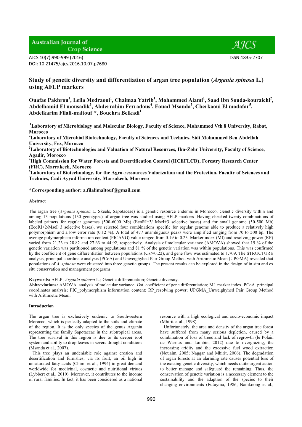 Study of Genetic Diversity and Differentiation of Argan Tree Population (Argania Spinosa L.) Using AFLP Markers