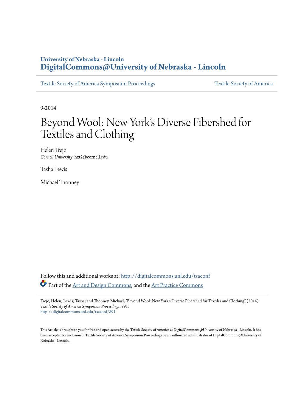 Beyond Wool: New York’S Diverse Fibershed for Textiles and Clothing Helen Trejo Cornell University, Hxt2@Cornell.Edu