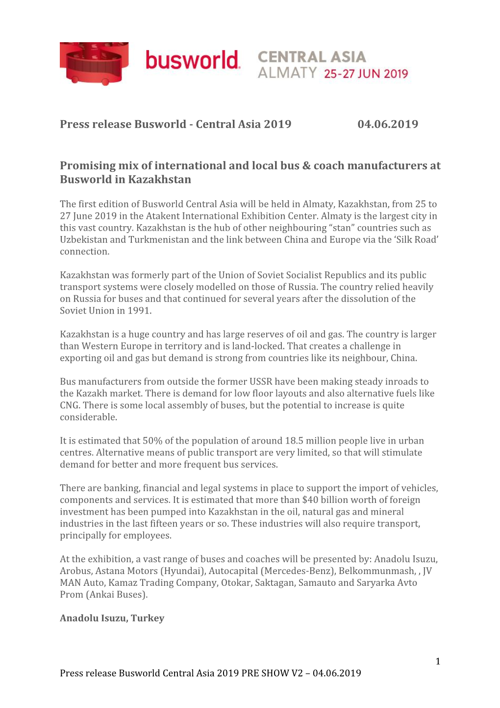 Press Release Busworld - Central Asia 2019 04.06.2019