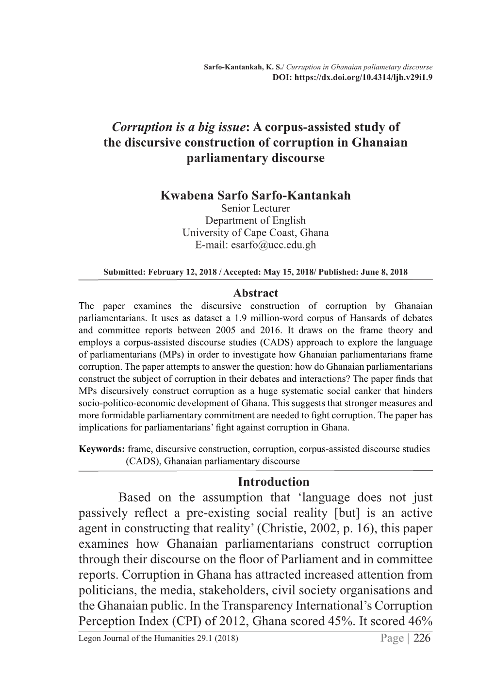 Corruption Is a Big Issue: a Corpus-Assisted Study of the Discursive Construction of Corruption in Ghanaian Parliamentary Discourse