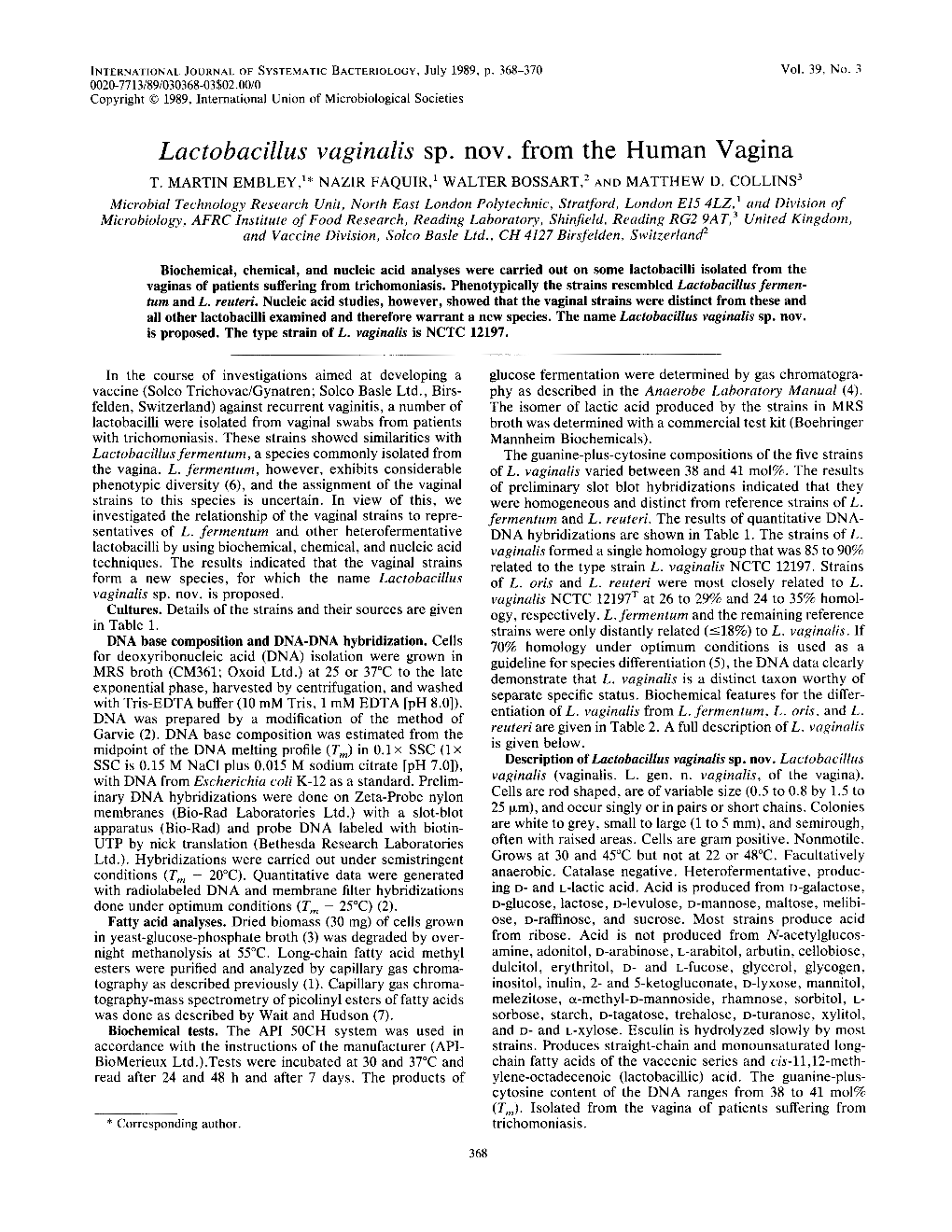 Lactobacillus Vaginalis Sp. Nov. from the Human Vagina T