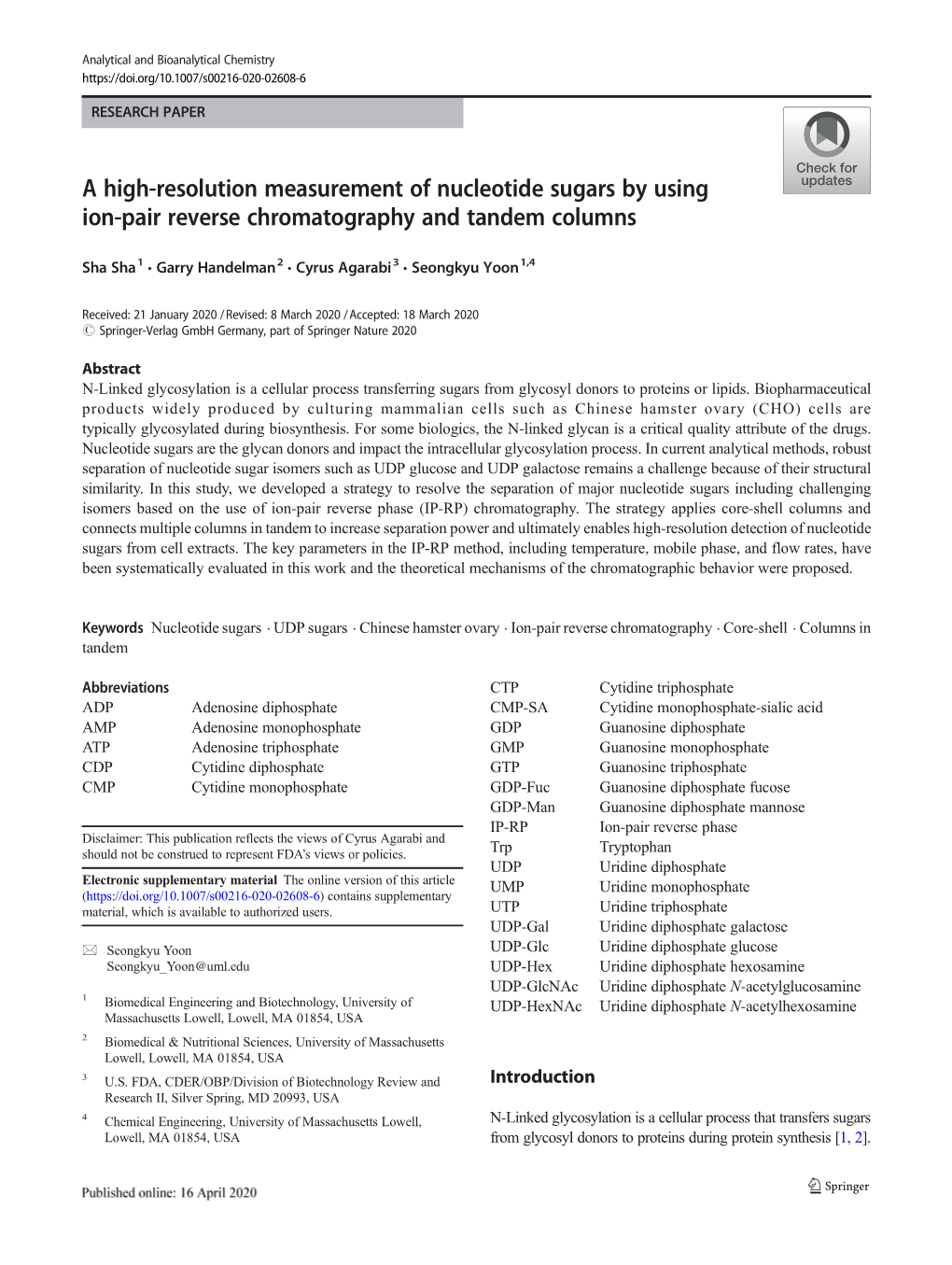 A High-Resolution Measurement of Nucleotide Sugars by Using Ion-Pair Reverse Chromatography and Tandem Columns