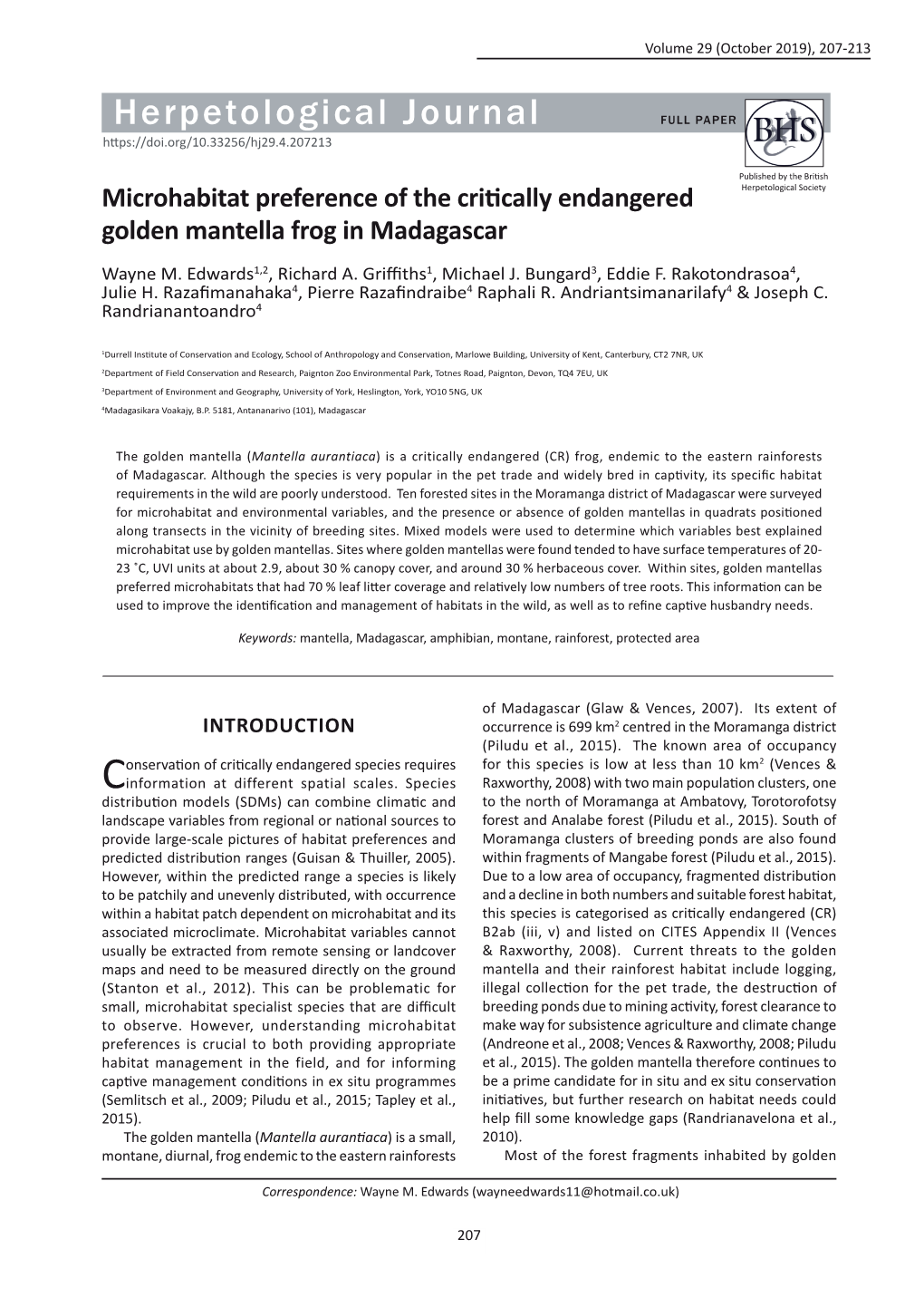 Microhabitat Preference of the Critically Endangered Golden Mantella Frog