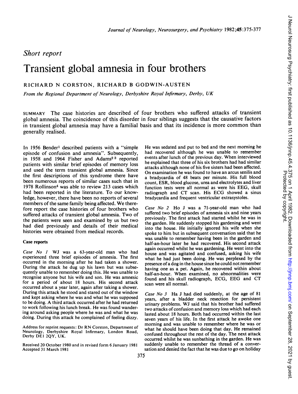 Transient Global Amnesia in Four Brothers