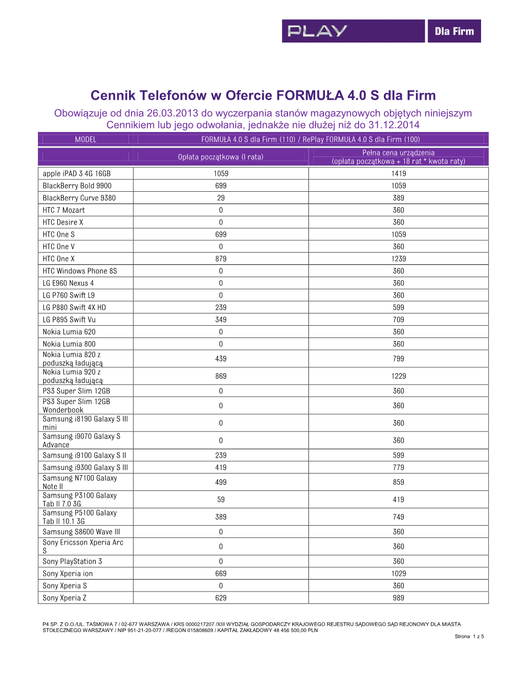 Cennik Telefonów W Ofercie FORMUŁA 4.0 S Dla Firm