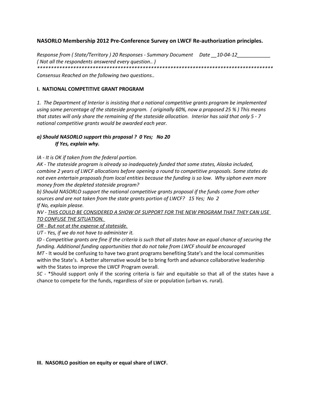 NASORLO Membership 2012 Pre-Conference Survey on LWCF Re-Authorization Principles
