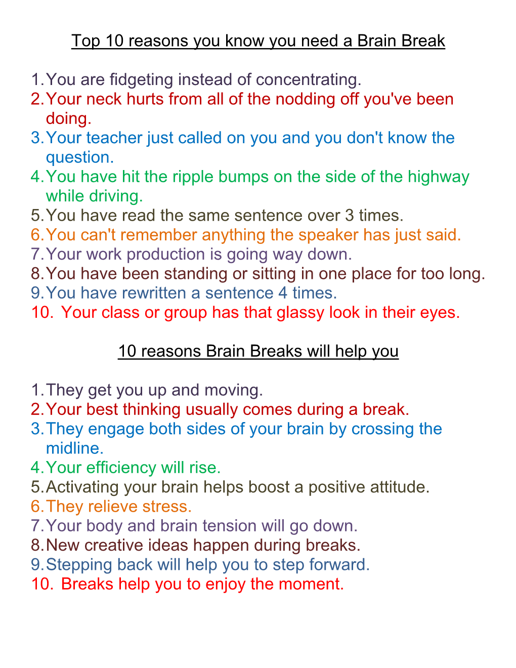 Top 10 Reasons You Know You Need a Brain Break