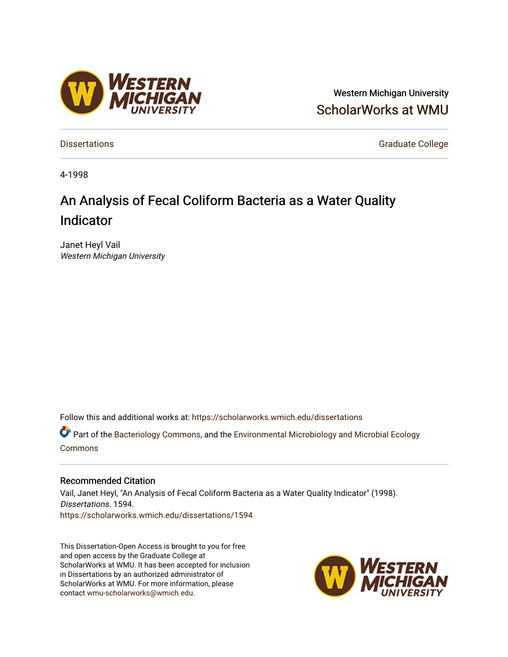 An Analysis of Fecal Coliform Bacteria As a Water Quality Indicator