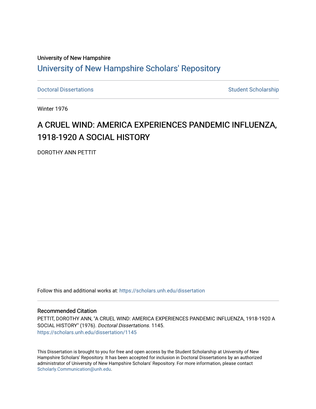 America Experiences Pandemic Influenza, 1918-1920. a Social History