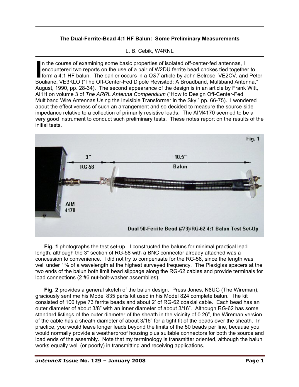 The Dual-Ferrite-Bead 4:1 HF Balun: Some Preliminary Measurements