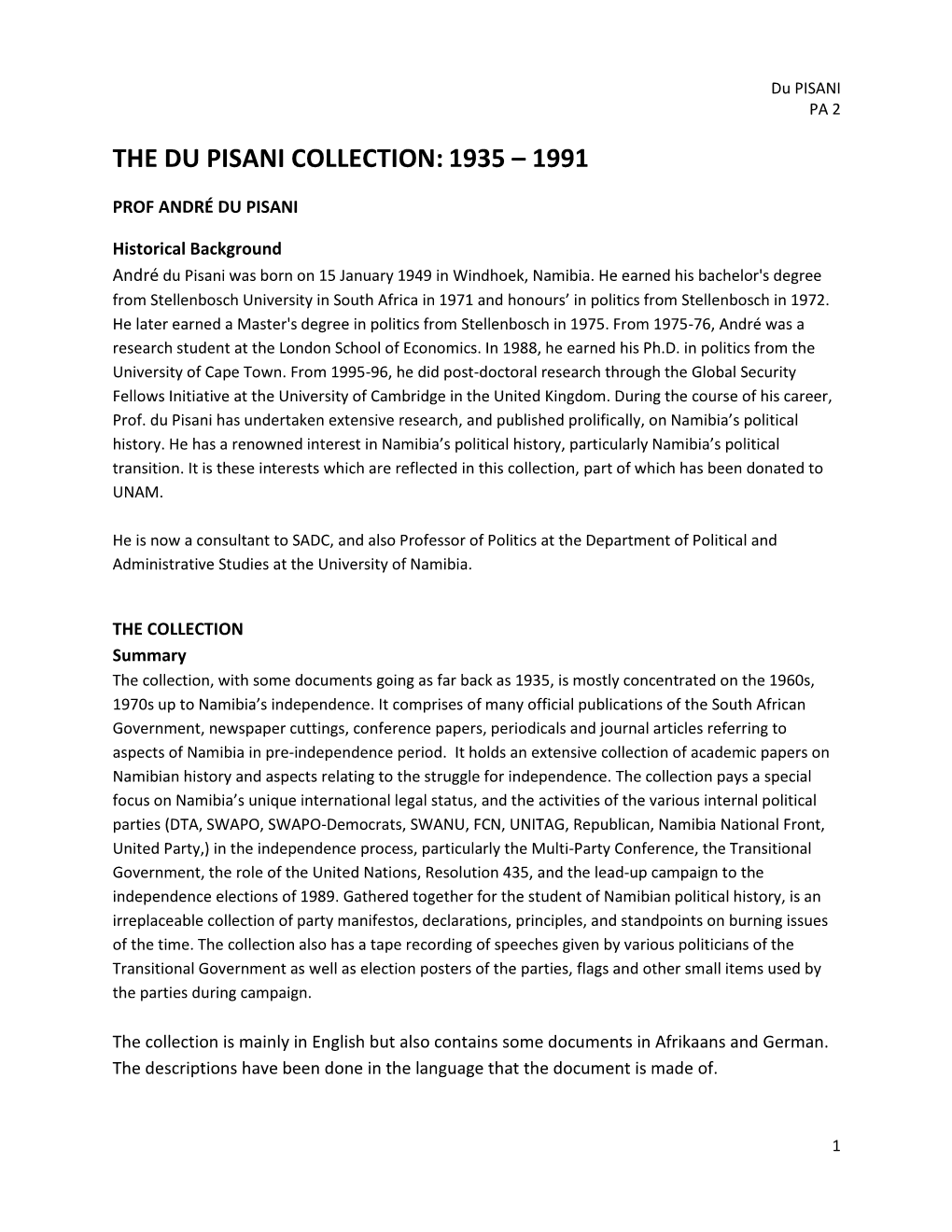 The Du Pisani Collection: 1935 – 1991