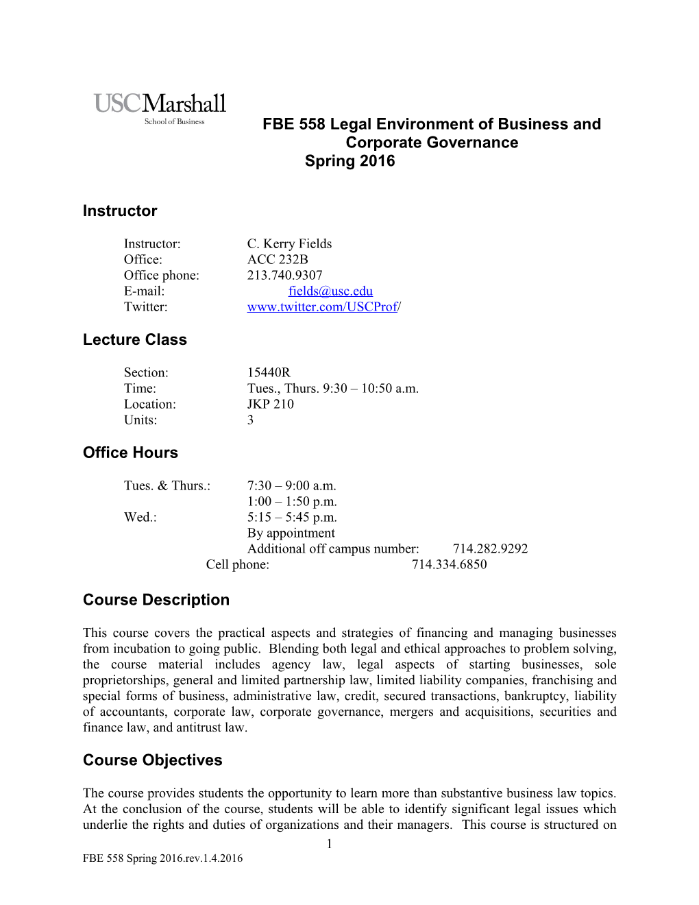 FBE 558 Legal Environment of Business and Corporate Governance