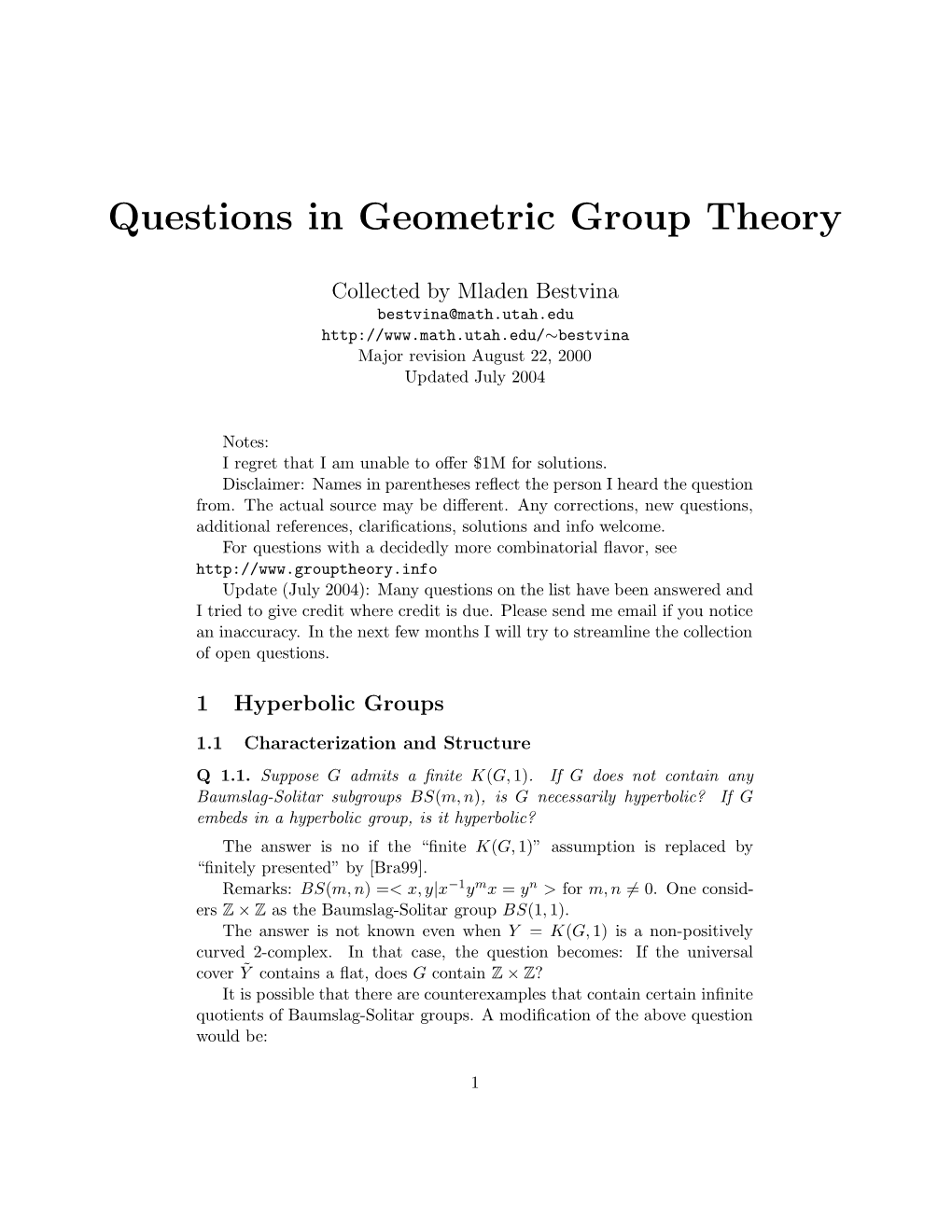 Questions in Geometric Group Theory