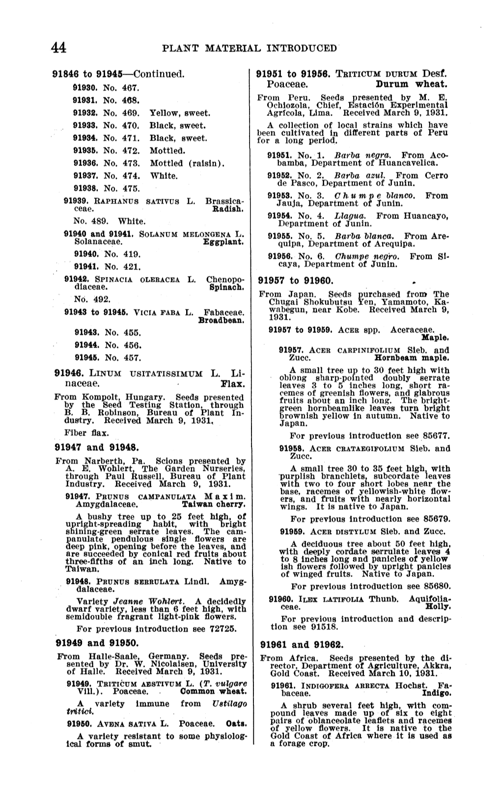 91846 to 91945—Continued. Naceae. Flax. Trttid. Poaceae. Durum Wheat