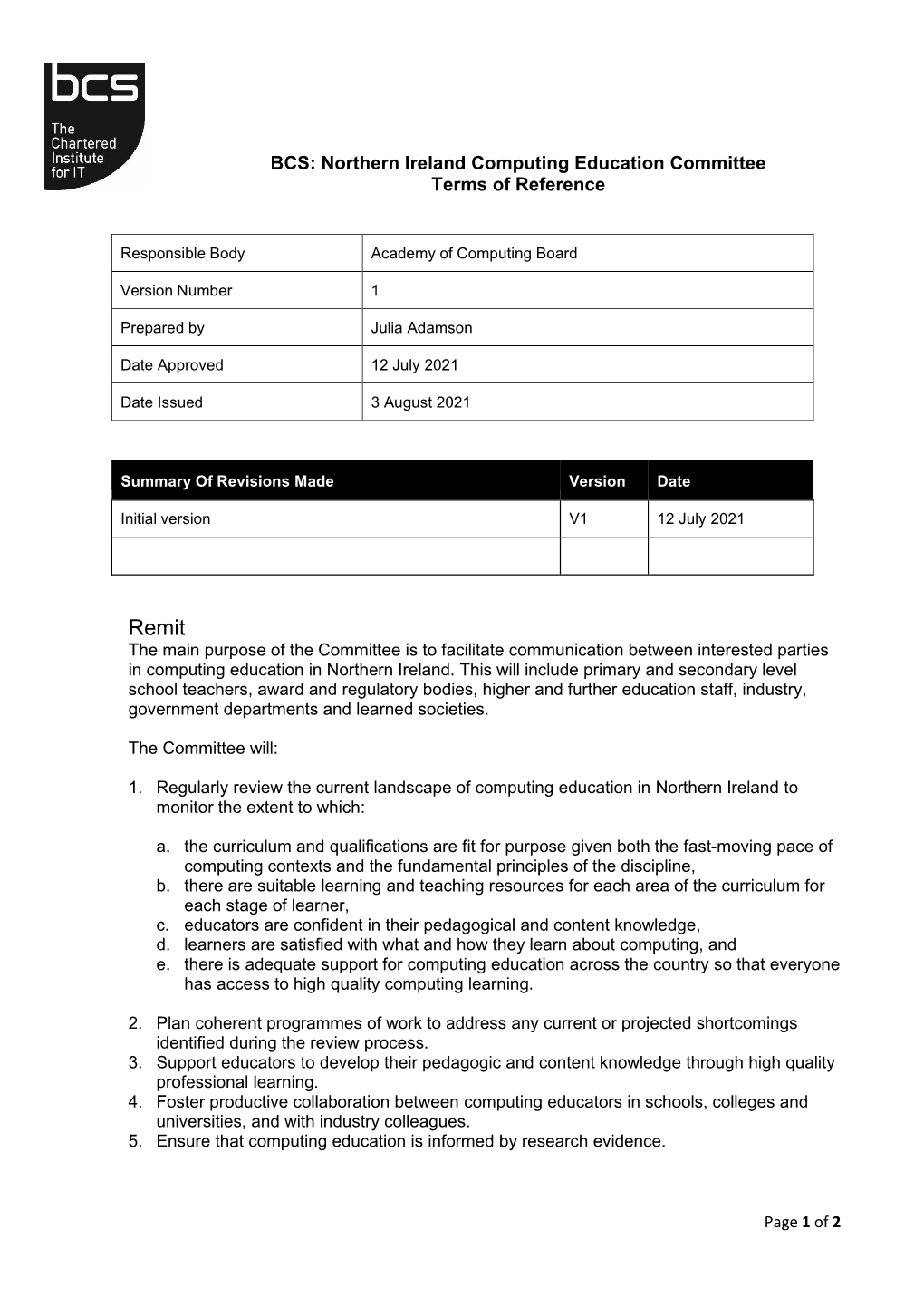 BCS: Northern Ireland Computing Education Committee Terms of Reference