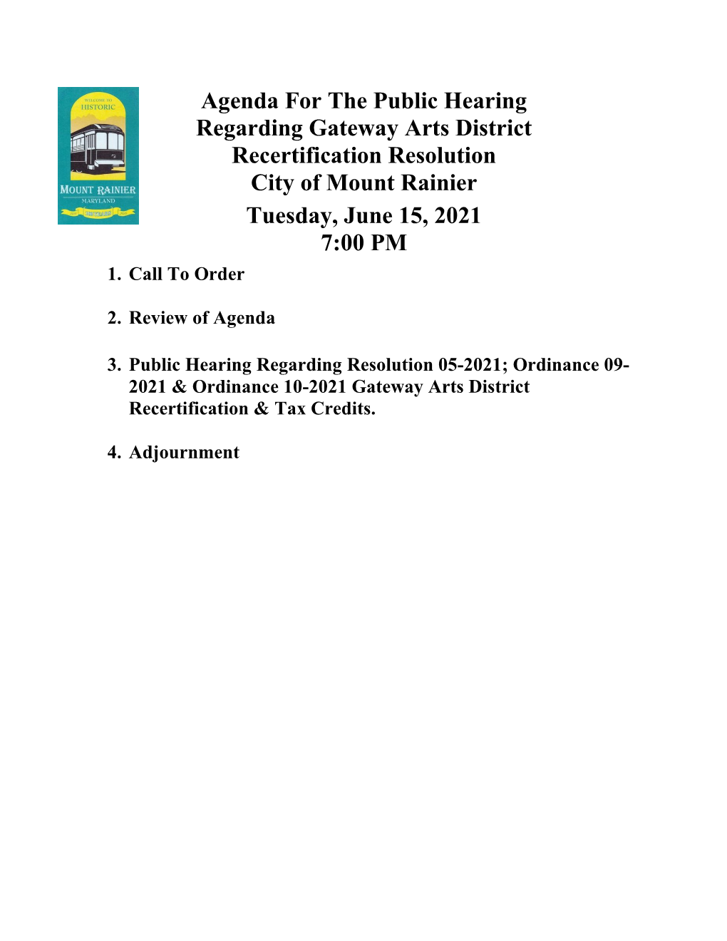 Public Hearing, Special Legislative Meeting, Work Session Agenda