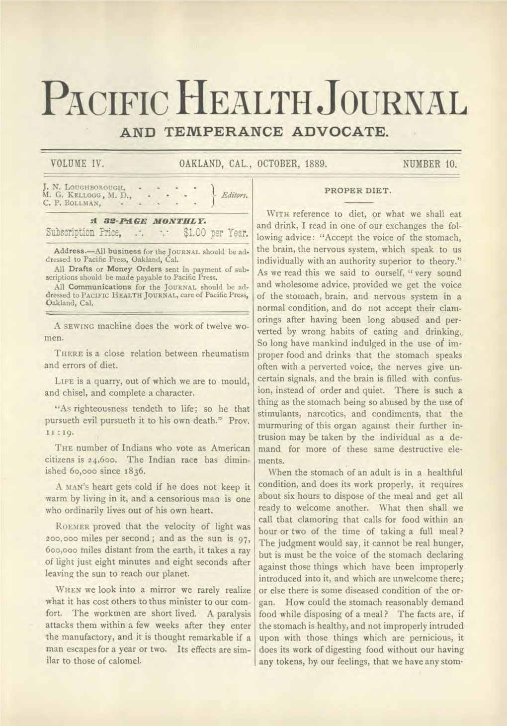 The Pacific Health Journal and Temperance Advocate for 1889
