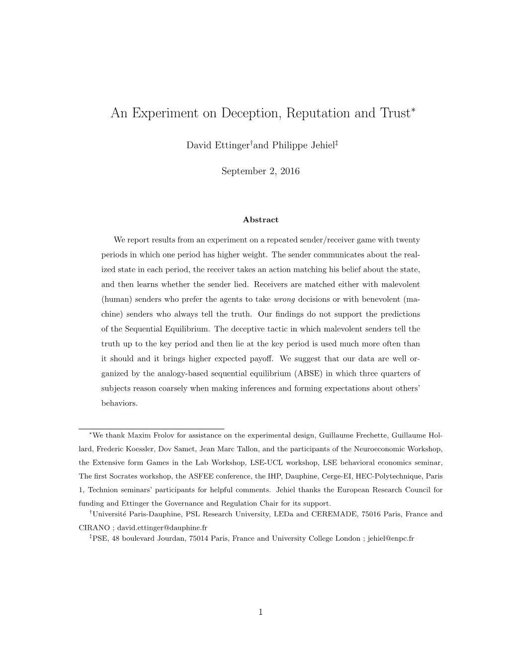 An Experiment on Deception, Reputation and Trust∗