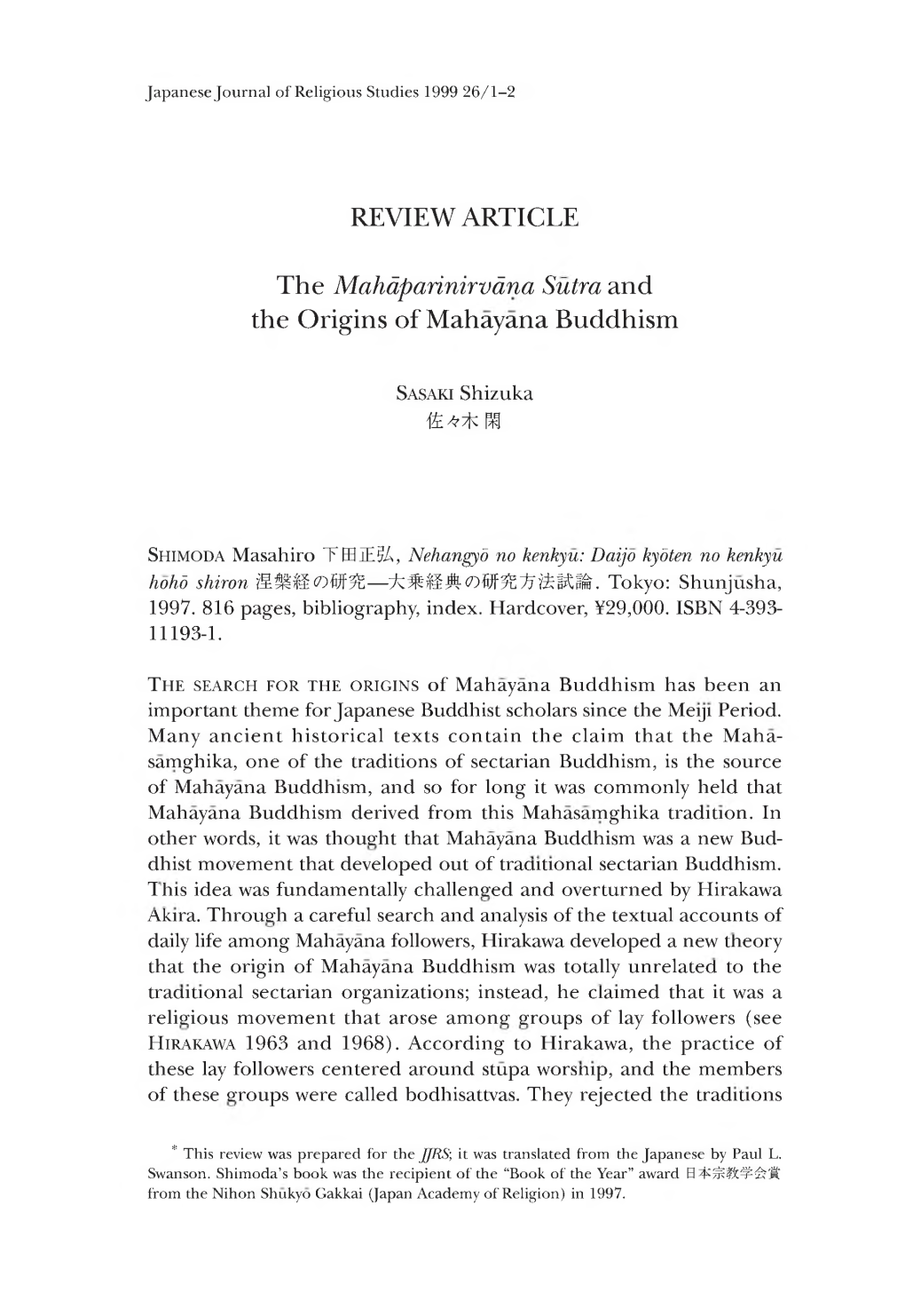 REVIEW ARTICLE the Mahdparinirvdna Sutra and the Origins of Mahayana Buddhism