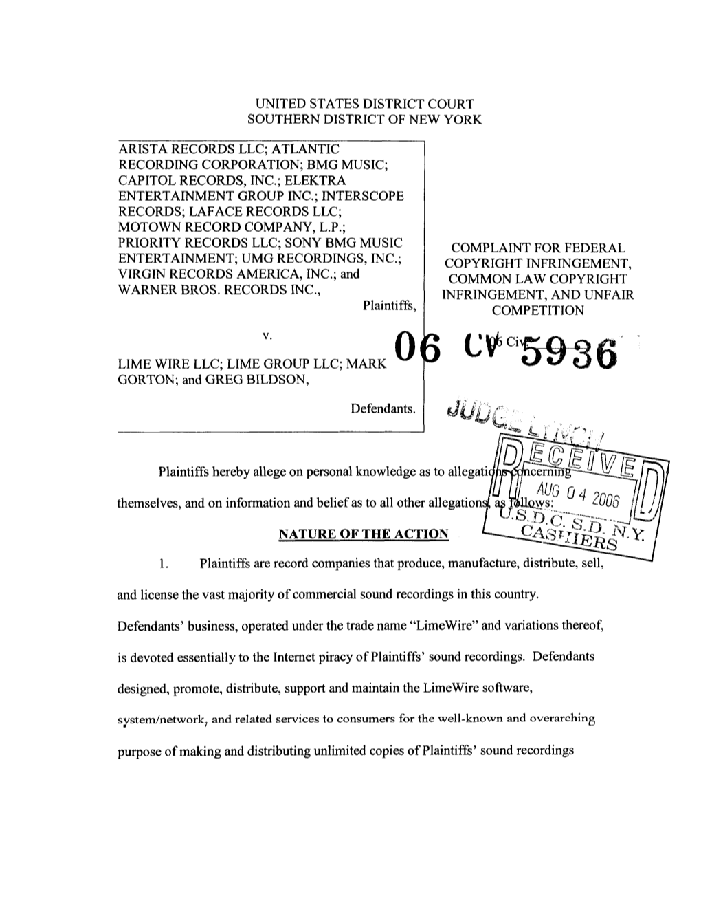 COMPLAINT Against Lime Wire LLC, Lime Group LLC, Mark Gorton