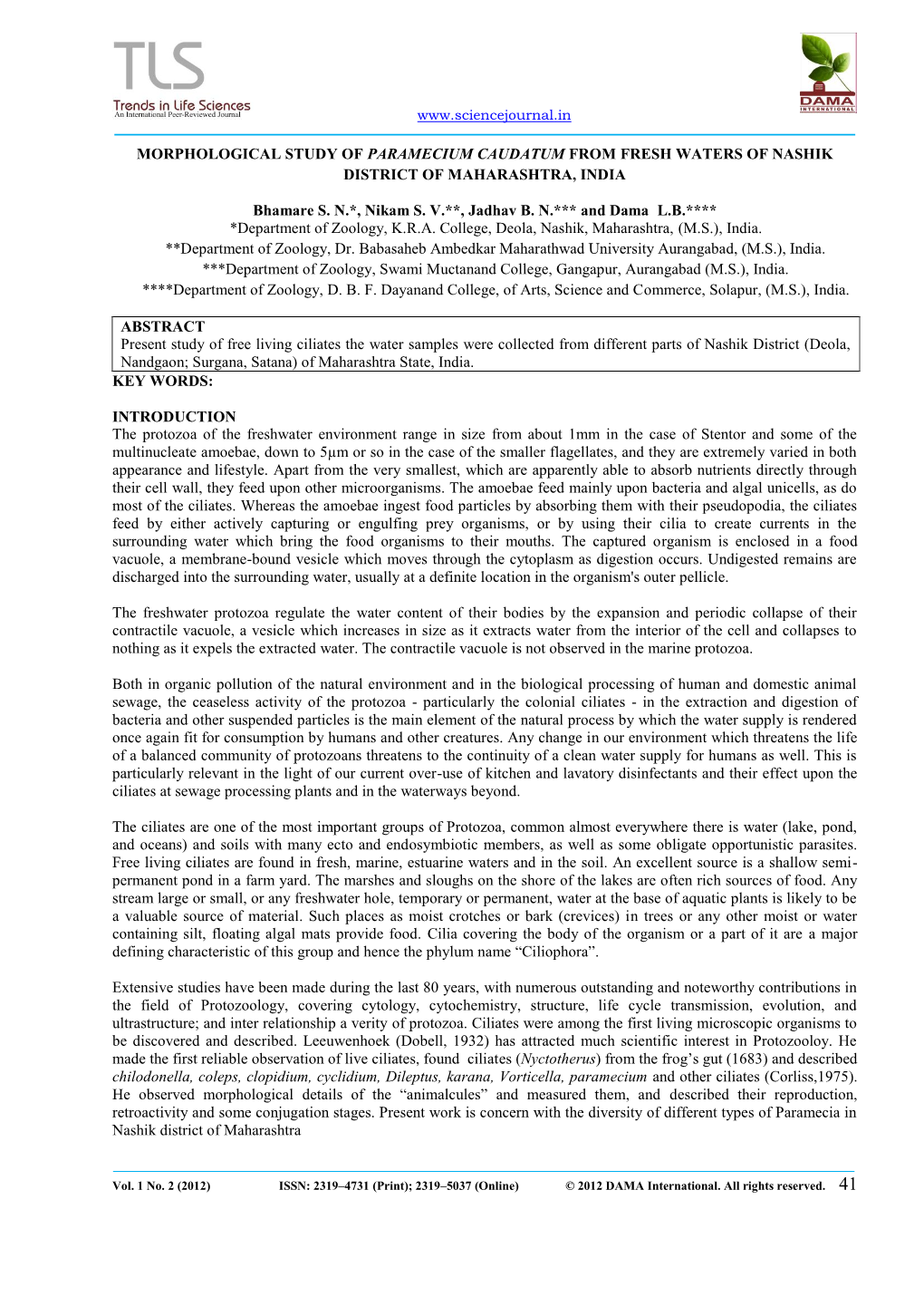 Morphological Study of Paramecium Caudatum from Fresh Waters of Nashik District of Maharashtra, India