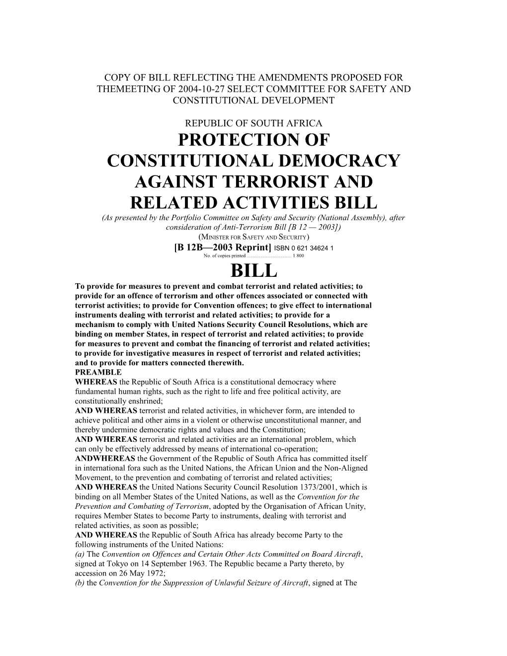 Copy of Bill Reflecting the Amendments Proposed for Themeeting of 2004-10-27 Select Committee