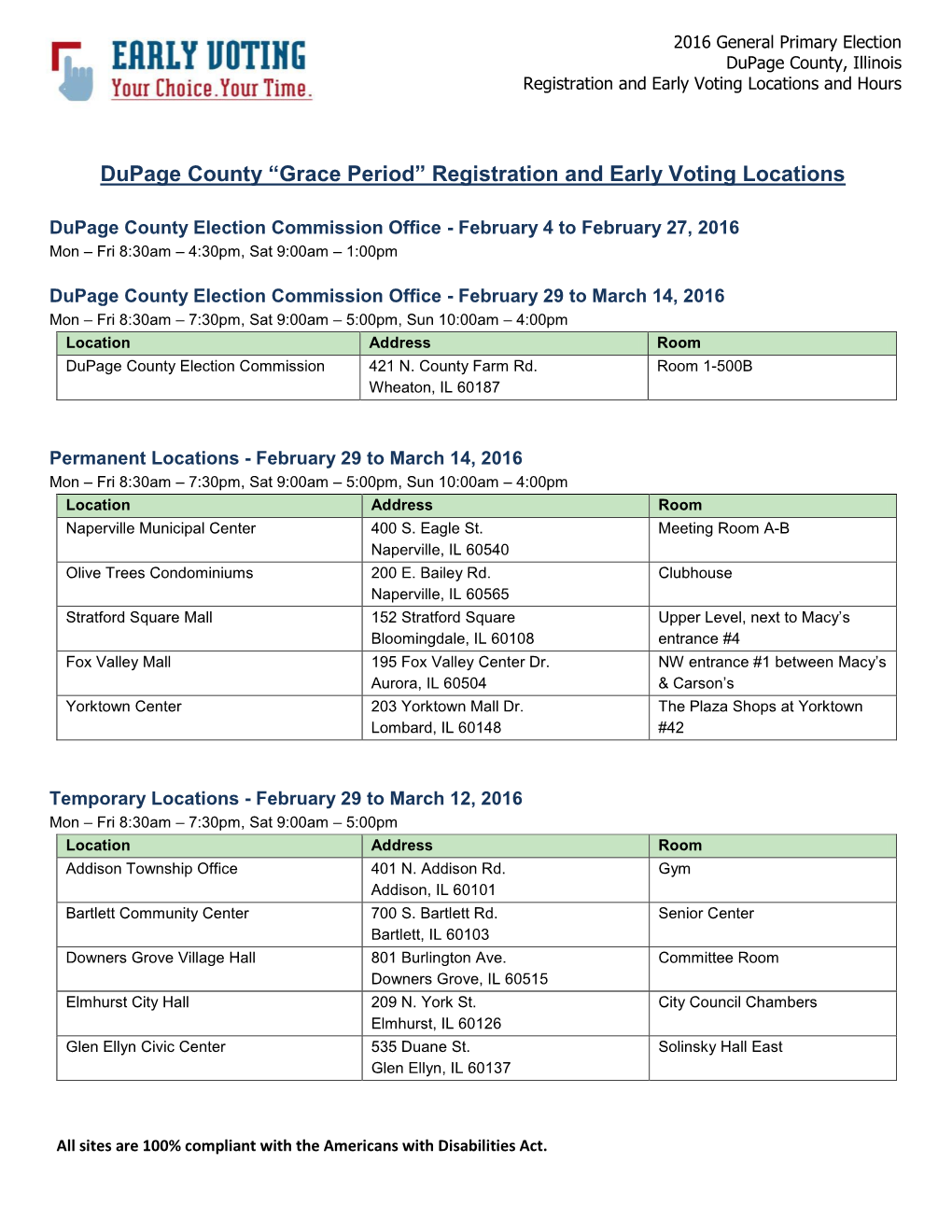 Dupage County “Grace Period” Registration and Early Voting Locations