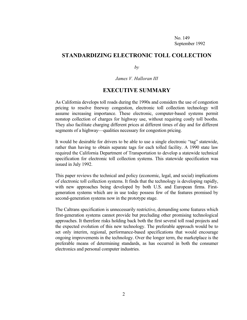 Standardizing Electronic Toll Collection Executive