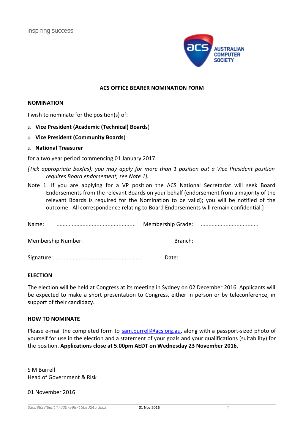 Chair Of Senior Committee Nomination Form