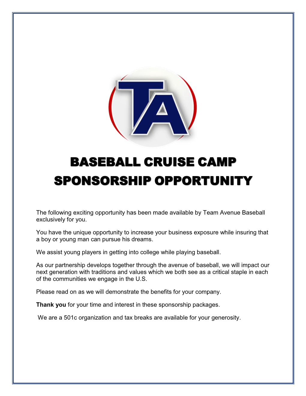 Baseball Cruise Camp Sponsorship Opportunity