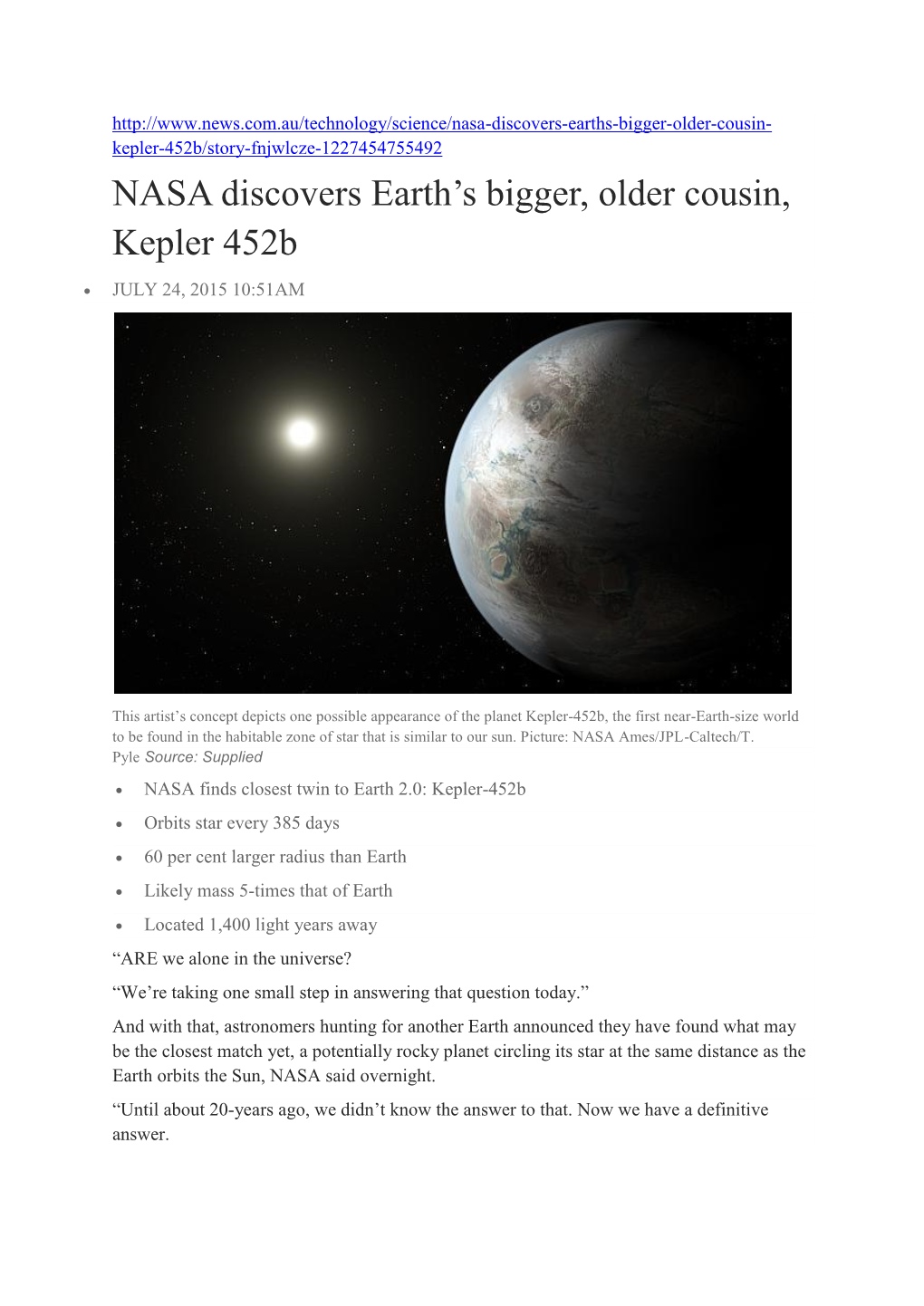 NASA Discovers Earth's Bigger, Older Cousin, Kepler 452B