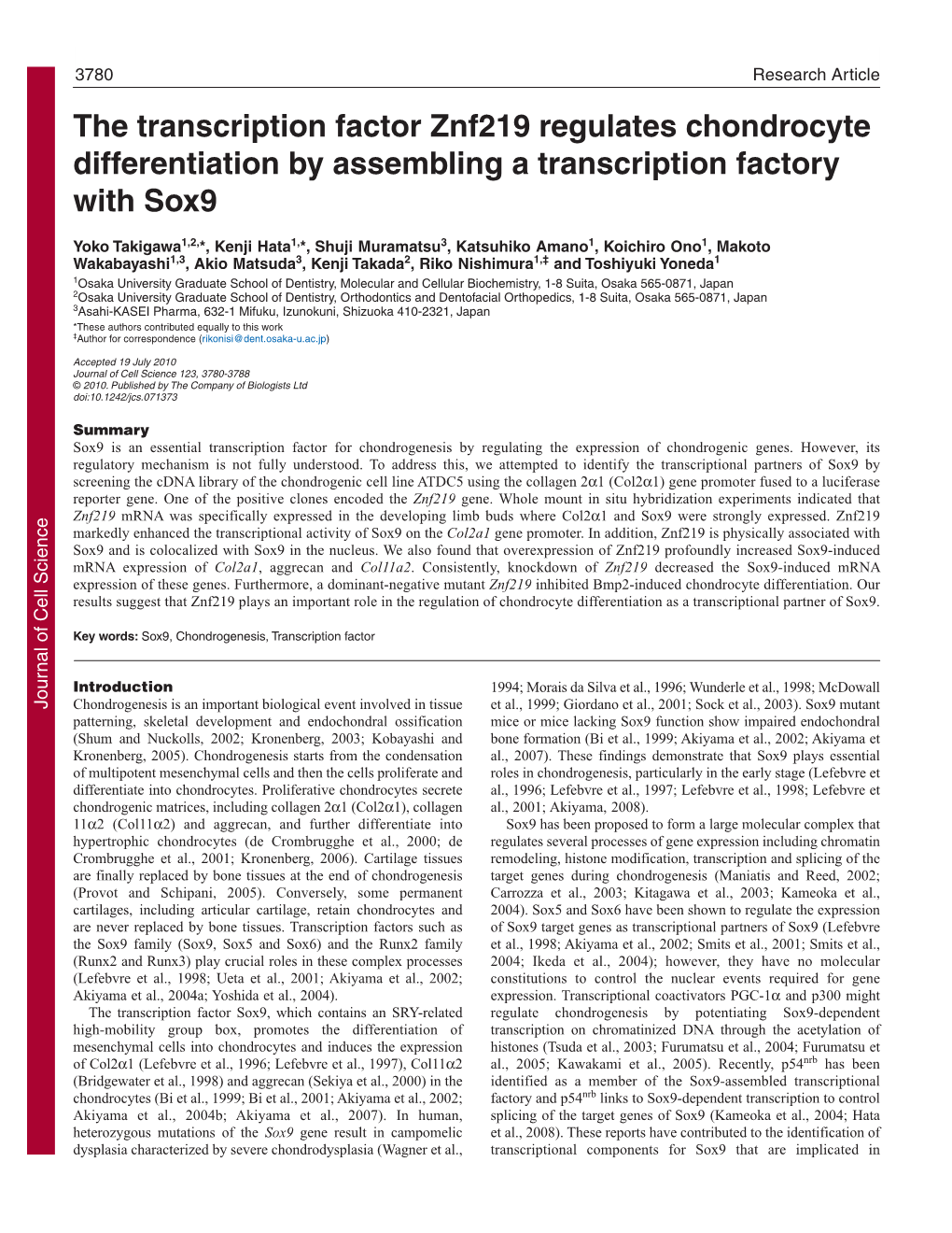 The Transcription Factor Znf219 Regulates Chondrocyte Differentiation by Assembling a Transcription Factory with Sox9