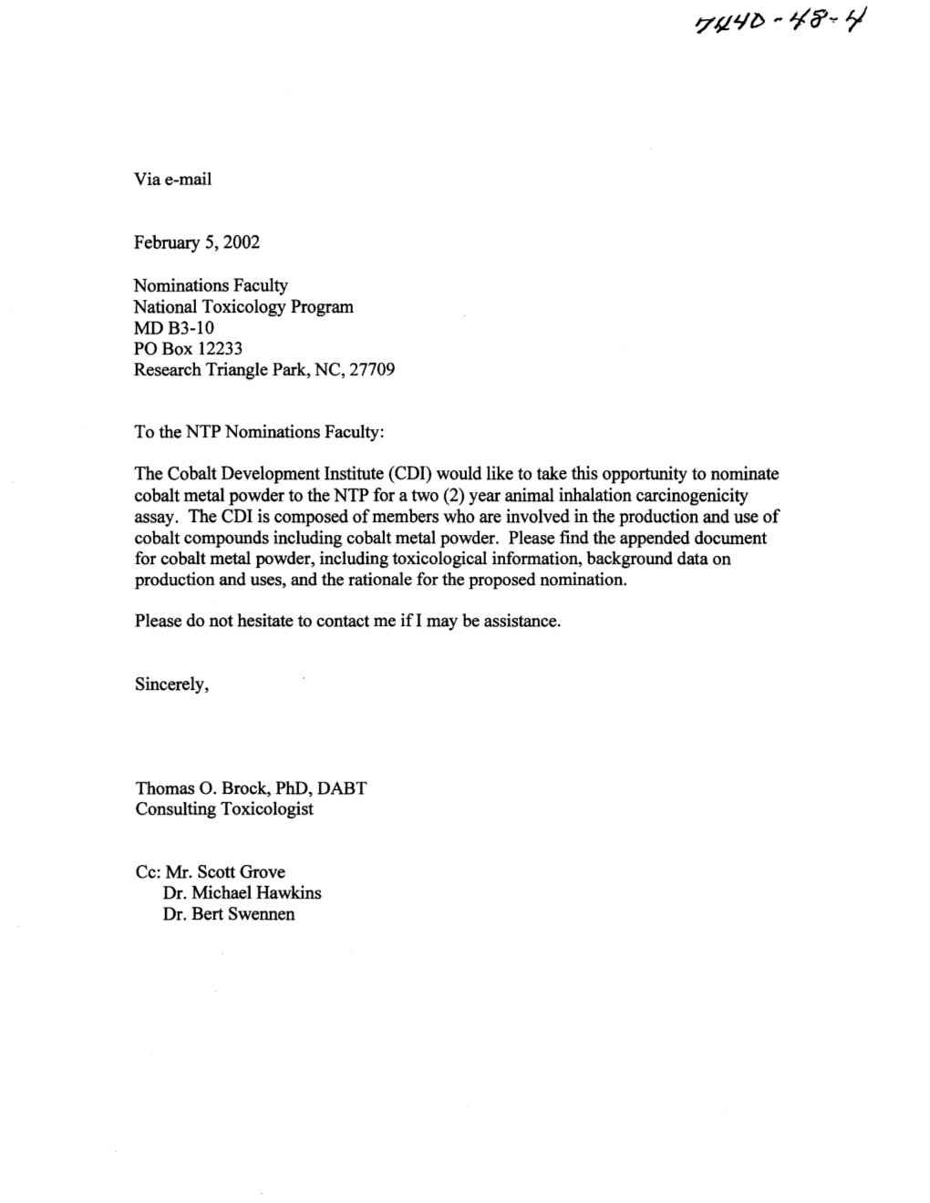 Cobalt Metal Powder to the NTP for a Two (2) Year Animal Inhalation Carcinogenicity Assay